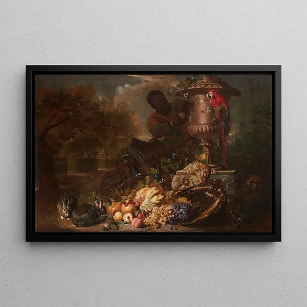 Fruit Still Life Painting on a Silver Plate with Figure, Rabbits, Parrot, and Monkey under a Broken Canopy and an Ornamental Urn - David de Coninck — framed artwork on a wall