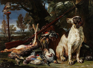 Hunting trophies of dogs and an owl - David de Coninck — artwork view