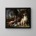 Hunting trophies of dogs and an owl - David de Coninck — framed artwork on a wall