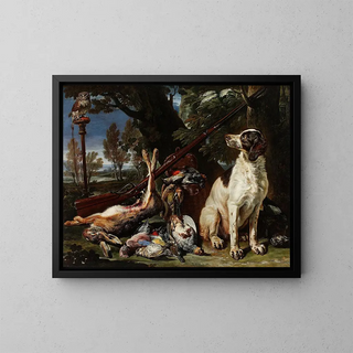 Hunting trophies of dogs and an owl - David de Coninck — framed artwork on a wall