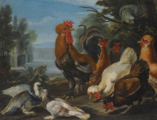 Ducks, guinea pigs, and a rabbit in a wooded landscape by a lake - David de Coninck — artwork view