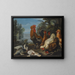 Ducks, guinea pigs, and a rabbit in a wooded landscape by a lake - David de Coninck — framed artwork on a wall