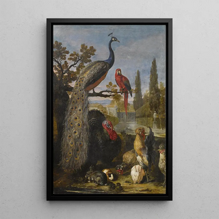 a peacock, a parrot, turkeys, roosters, rabbits, and a guinea pig in a park - David de Coninck