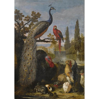 a peacock, a parrot, turkeys, roosters, rabbits, and a guinea pig in a park - David de Coninck