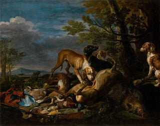 Hunting still life painting with dogs - David de Coninck — artwork view