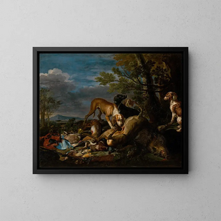 Hunting still life painting with dogs - David de Coninck — framed artwork on a wall