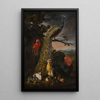 Landscape painting with a peacock, a parrot, a chicken, a turkey, two rabbits, and a guinea pig - David de Coninck