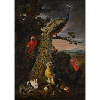 Landscape painting with a peacock, a parrot, a chicken, a turkey, two rabbits, and a guinea pig - David de Coninck