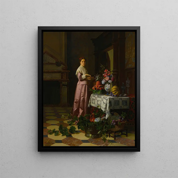 an interior with fruits and flowers - David Émile Joseph de Noter — framed artwork on a wall