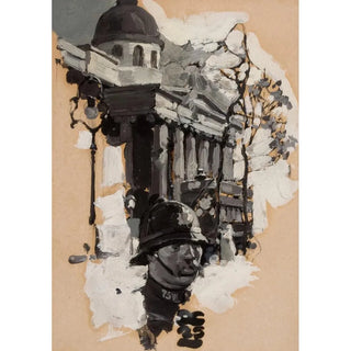 Police painting with parliamentary building - Dean Cornwell — framed artwork on a wall