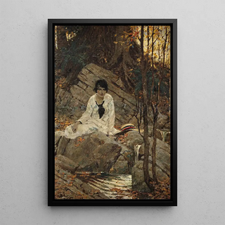 Femme assise avec un chapeau - Dean Cornwell — framed artwork on a wall