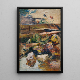 Rive avec poules - Demeter Koko — framed artwork on a wall