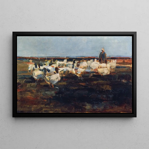Flock of geese grazing - Demeter Koko — framed artwork on a wall