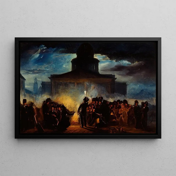 Bivouac painting of Place du Panthéon on the night of December 22 to 23, 1830 - Denis Auguste Marie Raffet — framed artwork on a wall
