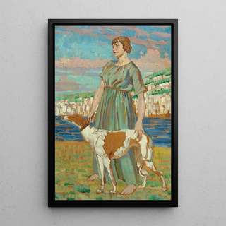Portrait of Elizabeth Lipczinski with her dog Fanny - Derwent Lees — framed artwork on a wall
