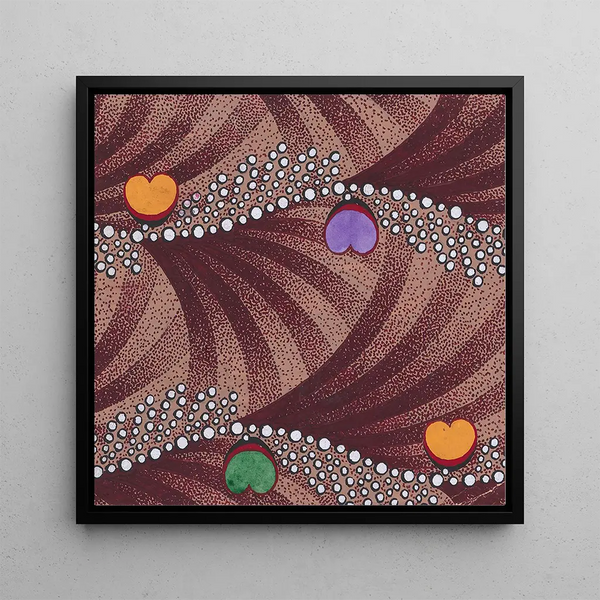 Textile design painting with horizontal wavy bands of beads with alternating bundles of beads and hearts on a background of overlapping alternating scales - Anonymous