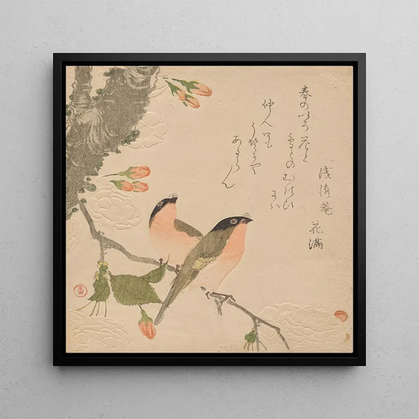 Two Goldfinches on a Double-Petaled Cherry Blossom - Kubo Shunman — framed artwork on a wall