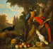 Two cockatoos, a raven with a red beak, and other birds in a landscape with fruits - Jakob Bogdny — artwork view
