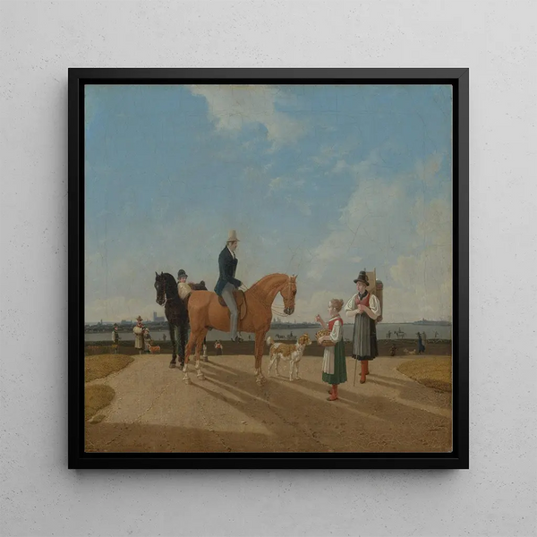 Two horsemen and two girls with flowers - Wilhelm von Kobell — framed artwork on a wall