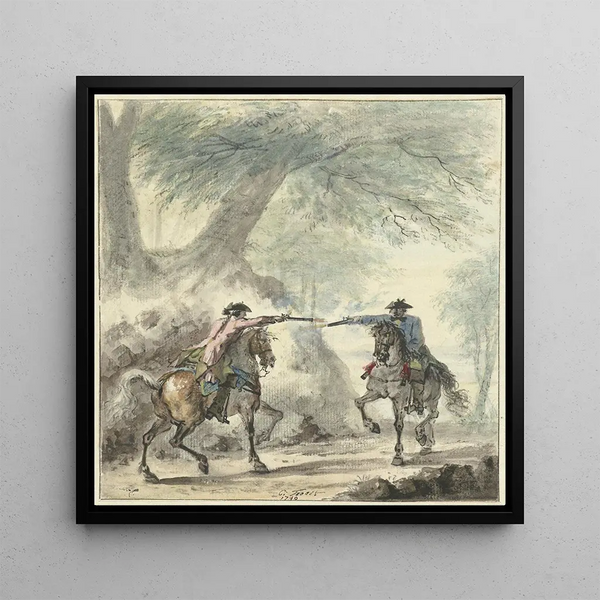 Two horsemen meeting on a forest path and confronting each other - Cornelis Troost — framed artwork on a wall