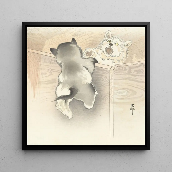 Two Dogs Playing - Ohara Koson — framed artwork on a wall