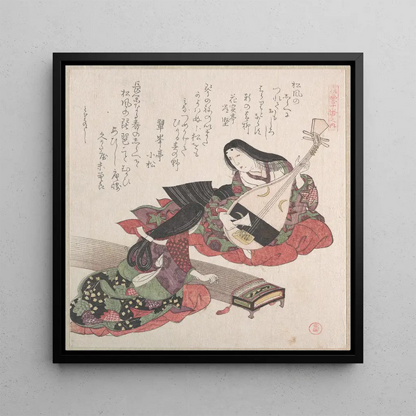 Two Ladies, one playing the biwa and the other the koto - Kubo Shunman — framed artwork on a wall