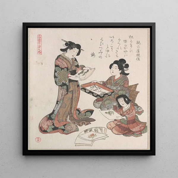 Two women and a girl looking at paintings - Kubo Shunman — framed artwork on a wall