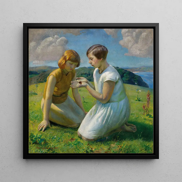Two young girls with a butterfly - Harold Harvey — framed artwork on a wall