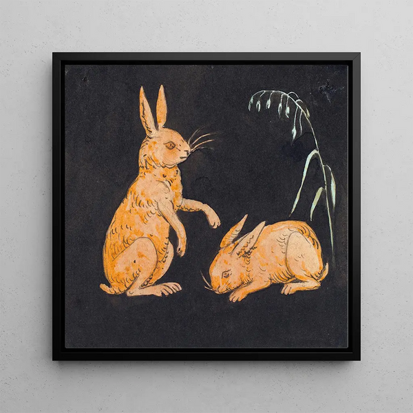 Two rabbits on a black background, decorative sketch - P C Skovgaard — framed artwork on a wall
