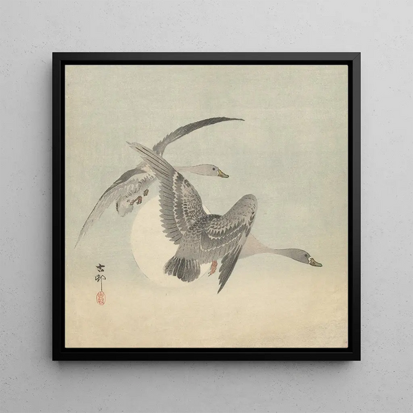 Two geese in flight - Ohara Koson — framed artwork on a wall