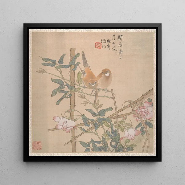 Two birds perched on a flowering rose bush - Ren Yi — framed artwork on a wall