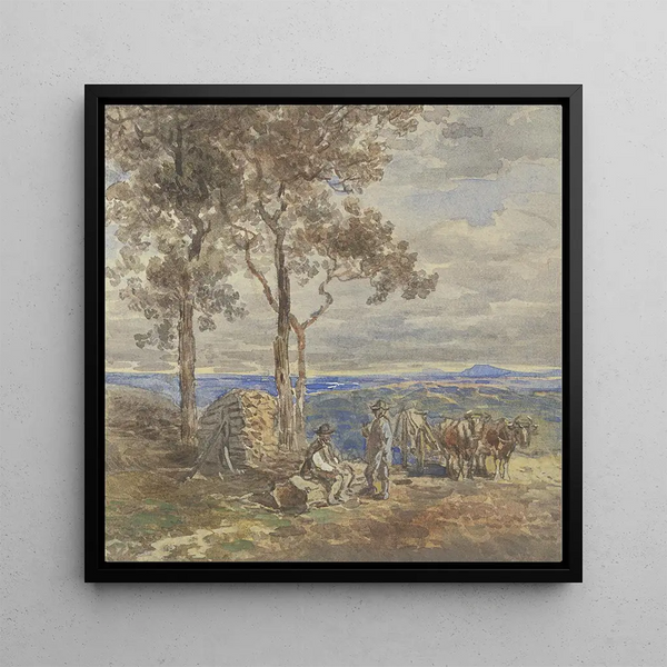 Two Farmers with Their Ox-Drawn Cart Resting in a Wooded Plateau - Anton Burger — framed artwork on a wall