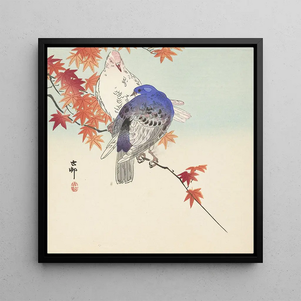 Two pigeons on an autumn branch - Ohara Koson — wall display of the artwork