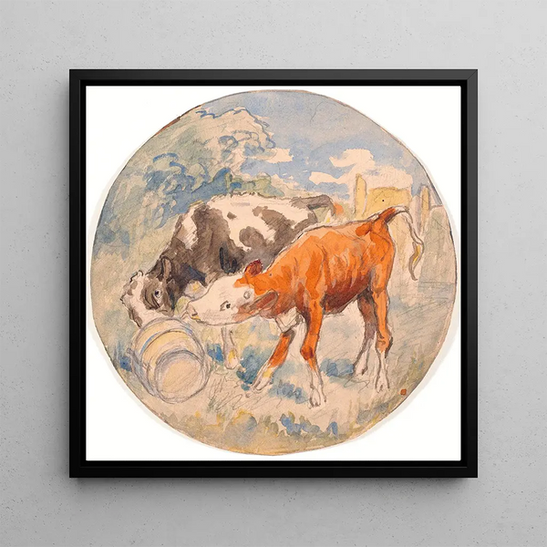 Two calves in nature licking a milk stain sketch for a ceramic dish - Theodor Philipsen — wall display of the artwork