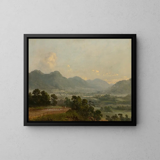 Landscape painting extended with wide valley and distant mountains - DeWitt Clinton Boutelle — framed artwork on a wall