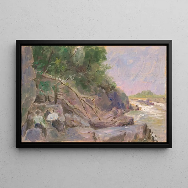 Landscape Painting with Characters - Dezider Czader — framed artwork on a wall