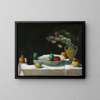 Nature morte avec bouteille et fruits - Dezső Czigány — framed artwork on a wall