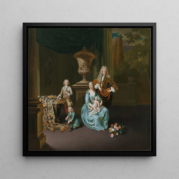 Diederik Baron van Leyden van Vlaardingen 1695-1764, Mayor of Leiden with his wife Sophia Dina de Rovere and their sons Pieter Jan and Adriaan Pompejus - Willem van Mieris — framed artwork on a wall