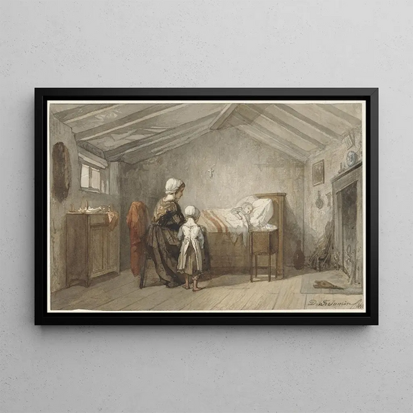 Mother and daughter at the bedside of a sick child - Diederik Franciscus Jamin — framed artwork on a wall