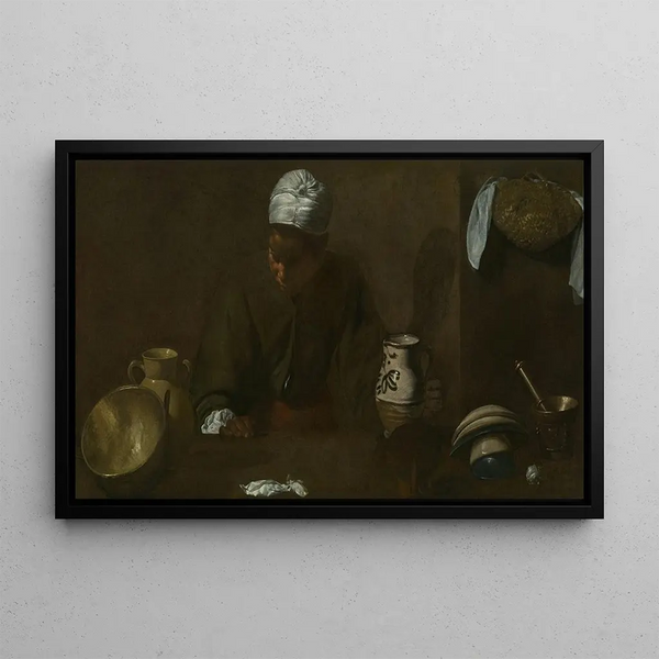 Kitchen scene - Diego Velázquez — framed artwork on a wall