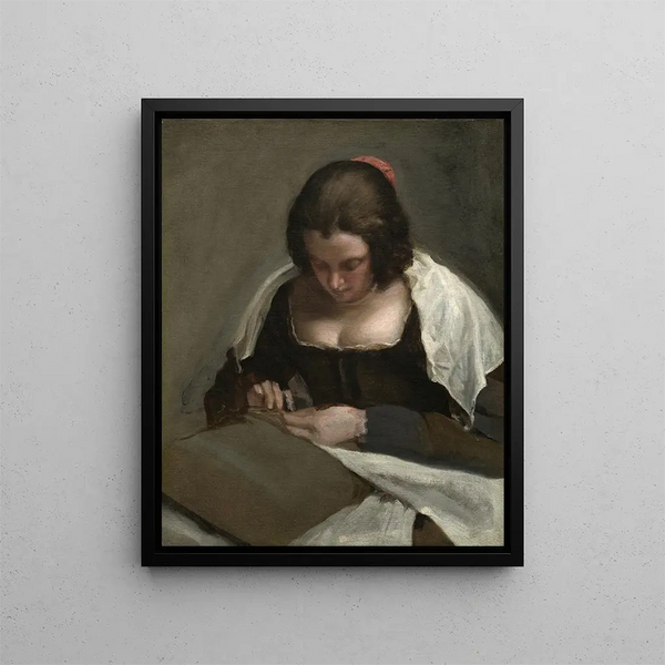 The Seamstress - Diego Velázquez — framed artwork on a wall