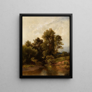 Landscape painting of a wooded riverside - Dietrich Langko — framed artwork on a wall