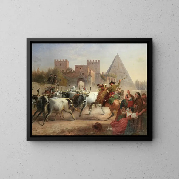 Conduite de bétail devant la Porta San Paolo et la pyramide de Cestius à Rome - Dietrich Wilhelm Lindau — framed artwork on a wall
