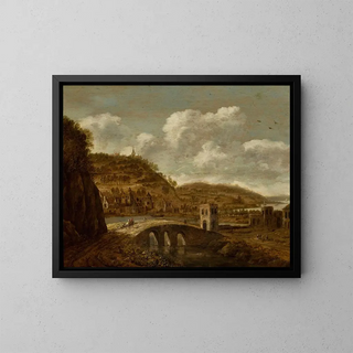 Mountain Landscape Painting with a Bridge - Dionijs Verburg — framed artwork on a wall
