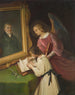 Girl with a Guardian Angel writing in front of a painted portrait of the founder Ph. Merian - Dionys Ganter — artwork view
