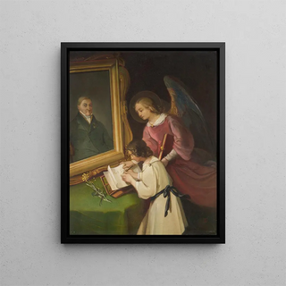 Girl with a Guardian Angel writing in front of a painted portrait of the founder Ph. Merian - Dionys Ganter — framed artwork on a wall