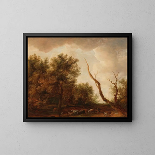 A wooded landscape with a shepherd and his flock - Dirck Dalens — framed artwork on a wall