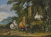 a painting of a rooster and two hens with their chicks attacked by a bird of prey - Dirck Dalens III — artwork view