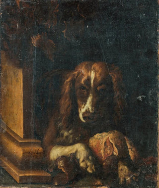 An English Springer Spaniel with a large piece of meat bone - Dirck de Horn — artwork view