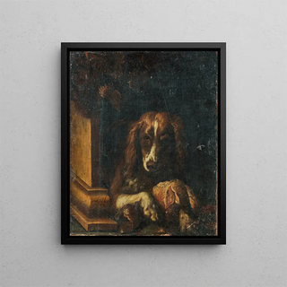 An English Springer Spaniel with a large piece of meat bone - Dirck de Horn — framed artwork on a wall